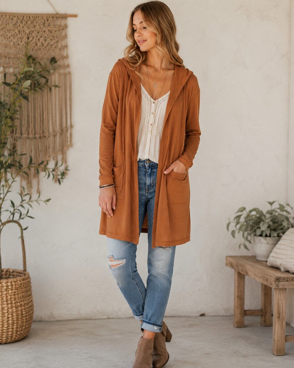 Women’s Rust Brown Hooded Longline Open-Front Cardigan Size L